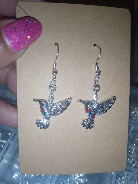 Silver humming birds with colored stones